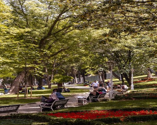 Beautiful green public park area in Colombia with people walking peacefully under shaded trees